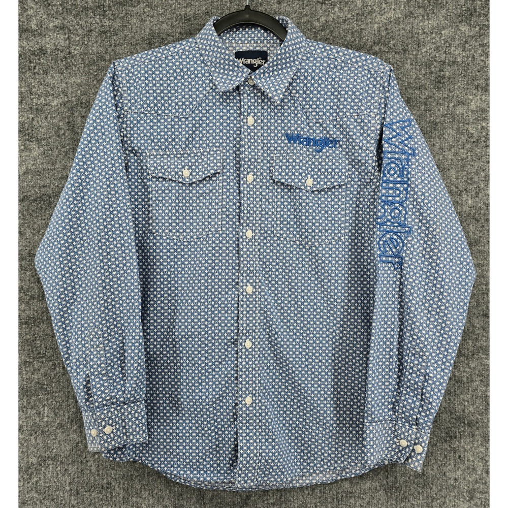 Wrangler Western Button Up Shirt Boys XL Blue Geometric Embroidered Logo Western
